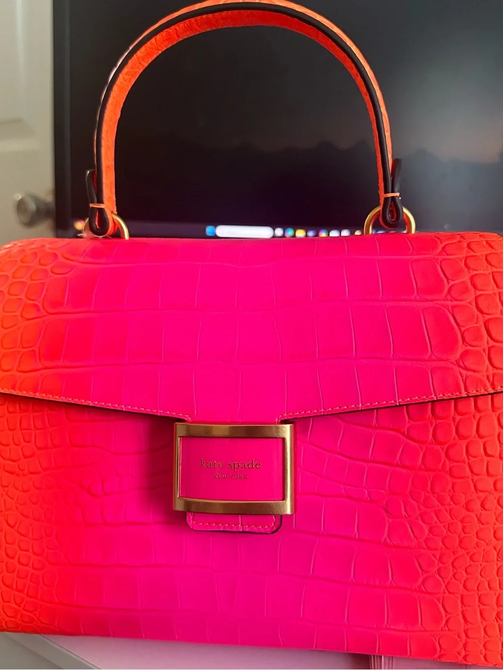 kate spade Hot Pink Croc-Embossed Top Handle Satchel with Gold Hardware